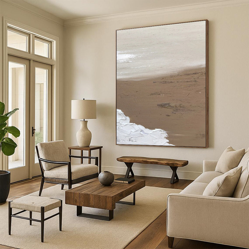 “Beige, White Textured Coast ‘Sunlit Serenity’” - Impasto Abstract Painting On Canvas DTP375