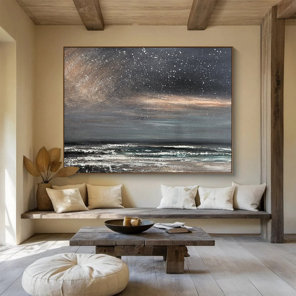 Monochromatic Starry Shore “Midnight Beach Whispers” Painting On Canvas DKH105