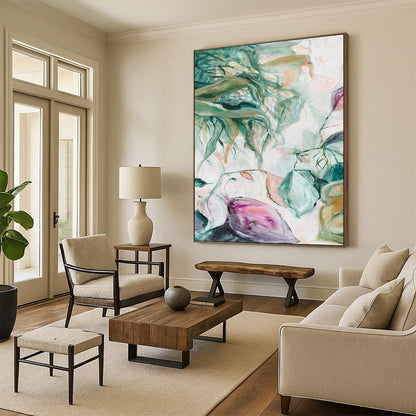 Green Leaves, Pink Blooms - "Dreamy Botanicals" - Abstract Floral Painting CT1850