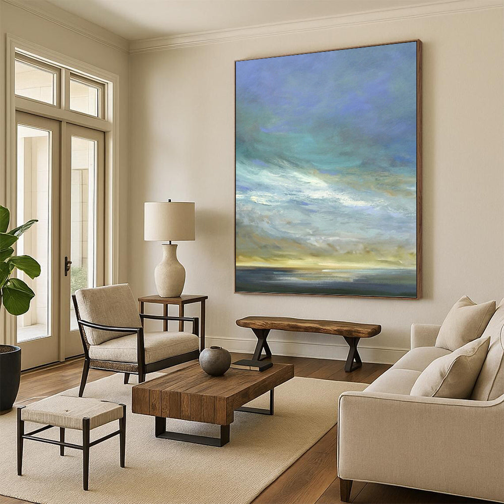 “Sky & Sea in Lighter Hues” - Blue, Beige & White Impressionistic Painting On Canvas DKH0954
