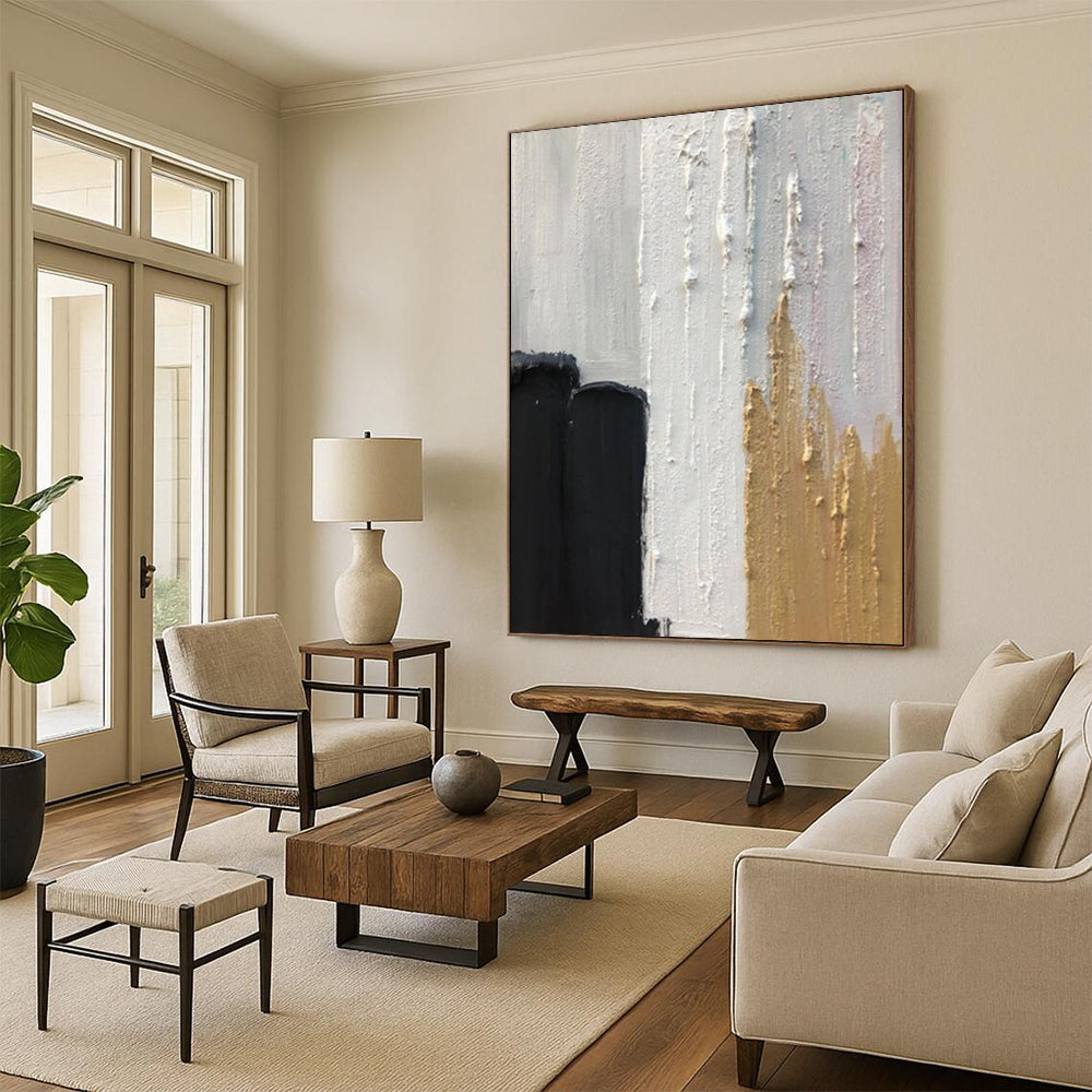 “Black, White, Gold Swirl ‘Elegant Energy’” - Abstract Impasto Painting On Canvas DTP397