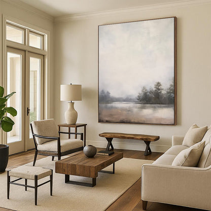 “Expansive Lake Mist” – Impressionistic Landscape Oil Painting with Hazy Gray Tones CT2057