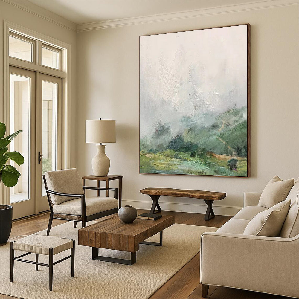 “Misty Valley” - Green, Gray & White Impressionistic Landscape Painting On Canvas DKH1541