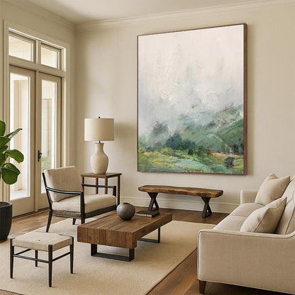 “Misty Valley” - Green, Gray & White Impressionistic Landscape Painting On Canvas DKH1541