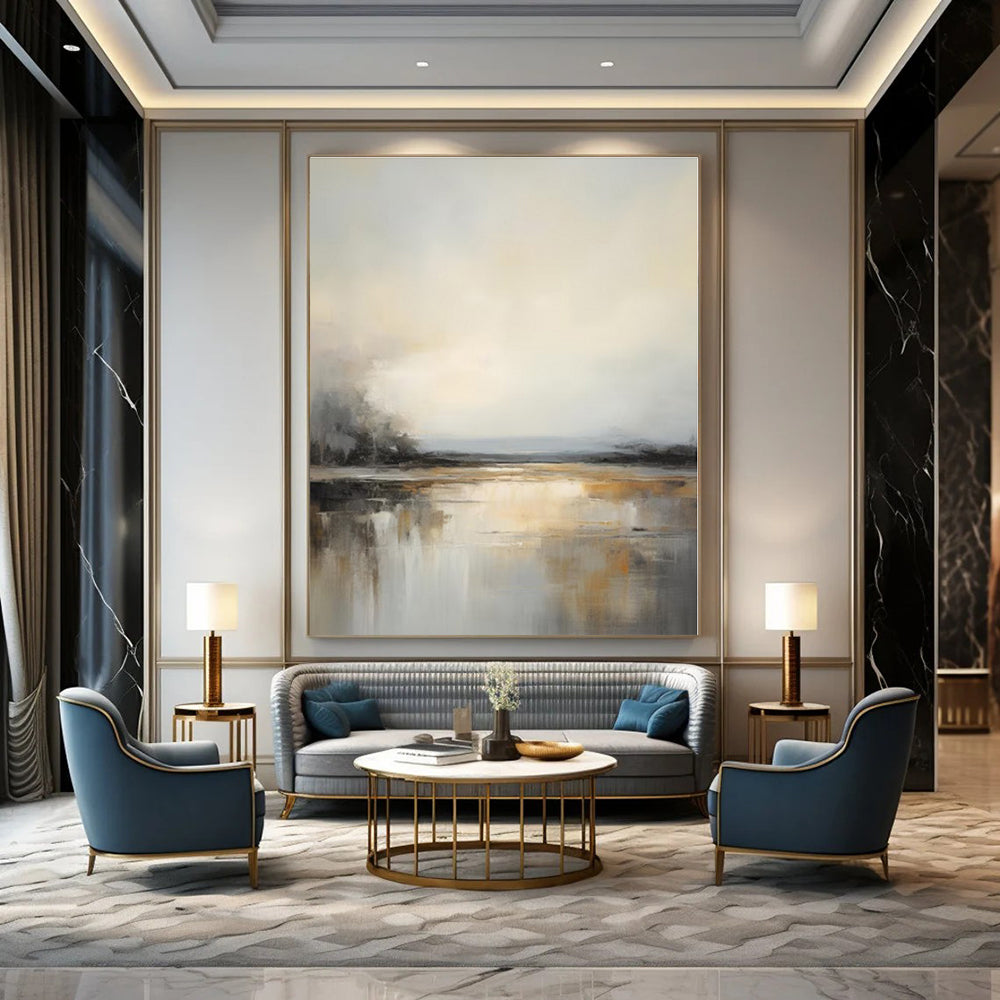 Misty Waterscapes in Grey & Gold - Abstract Landscape Oil CT1284