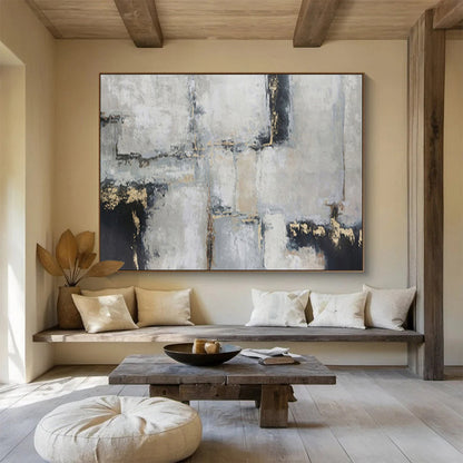 “Gray, Black & Gold Geometric Abstraction” Abstract Textured Painting On Canvas DKH351