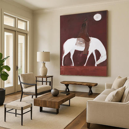 Rider on White Horse Under Red Sky and Moon - Equine Painting On Canvas DKH1425