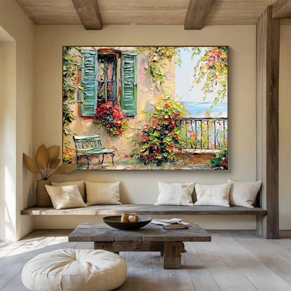 “Mediterranean Escape” - Green, Yellow, Red Floral & Architectural Oil Painting On Canvas DKH692