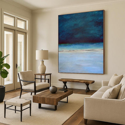 “Deep Blue Coastal Stillness” - Blue, Teal & Gray Seascape Painting On Canvas DKH0938