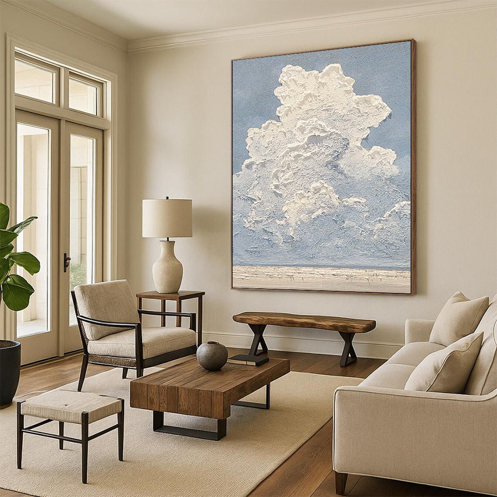 White Clouds on Blue - Textured Sky Painting On Canvas DKH1142
