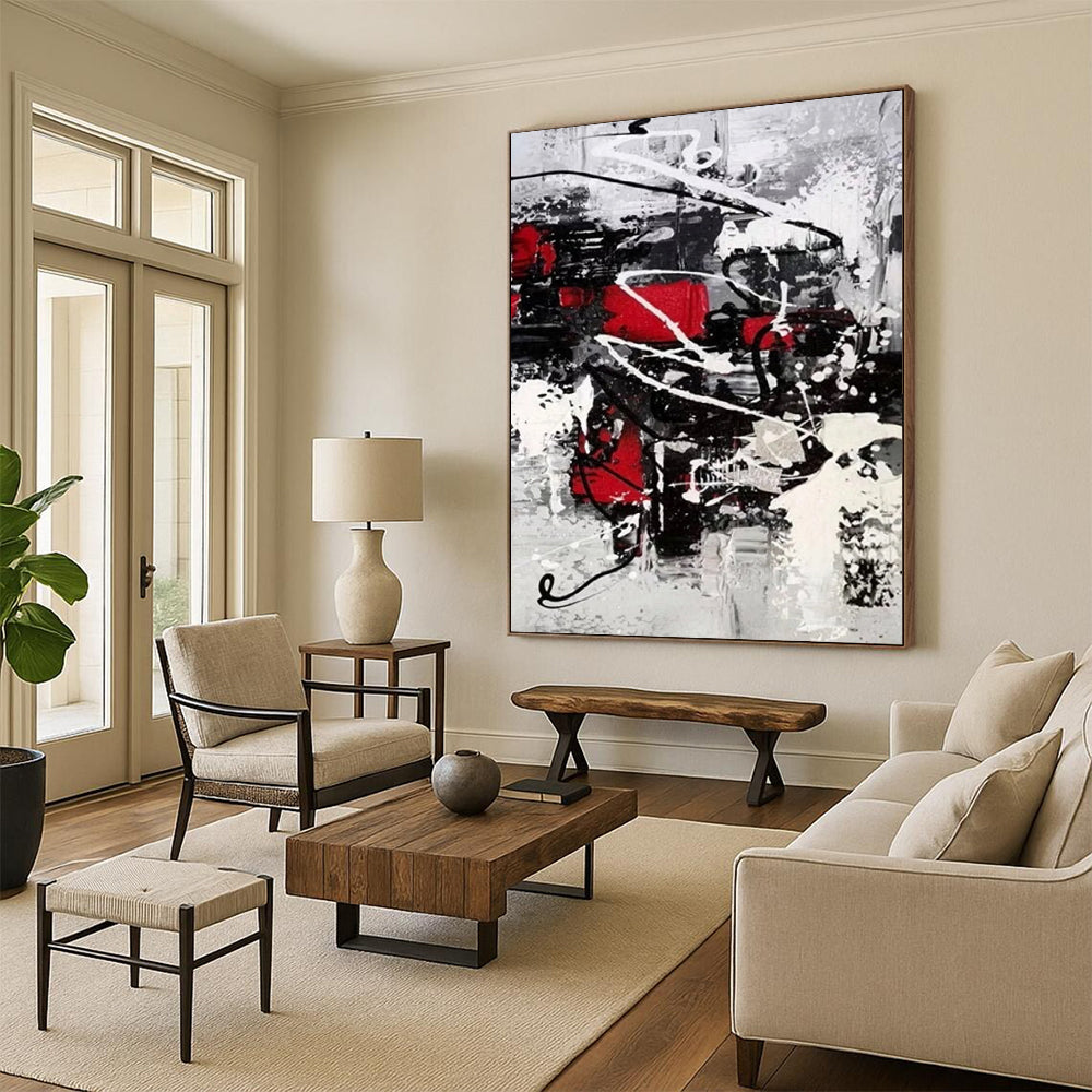 “Black, White, Red Dynamic Splashes ‘Vibrant Chaos’” - Impasto Abstract Painting On Canvas DTP383