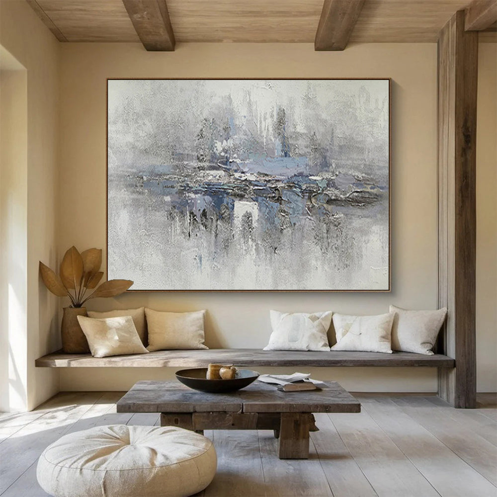 “Gray & Blue Misty Reflection” Abstract Landscape Painting On Canvas DKH349