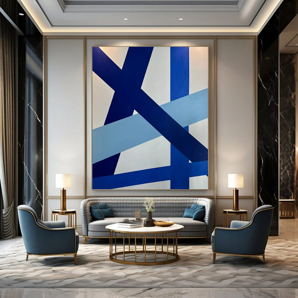 “Blue - White Intersecting Ribbons” – Abstract Geometric Ribbon Art CT0995