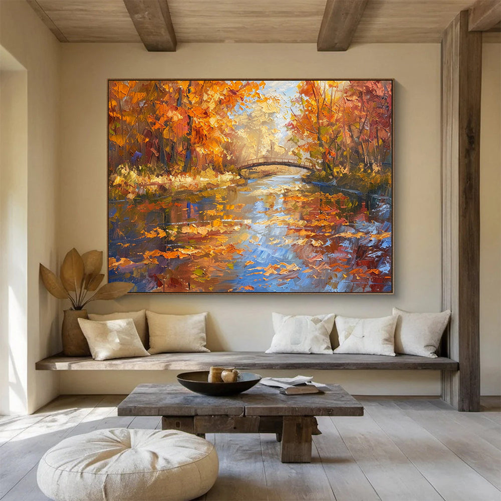 Autumn River with Bridge - Realist Landscape Painting On Canvas DLZ196