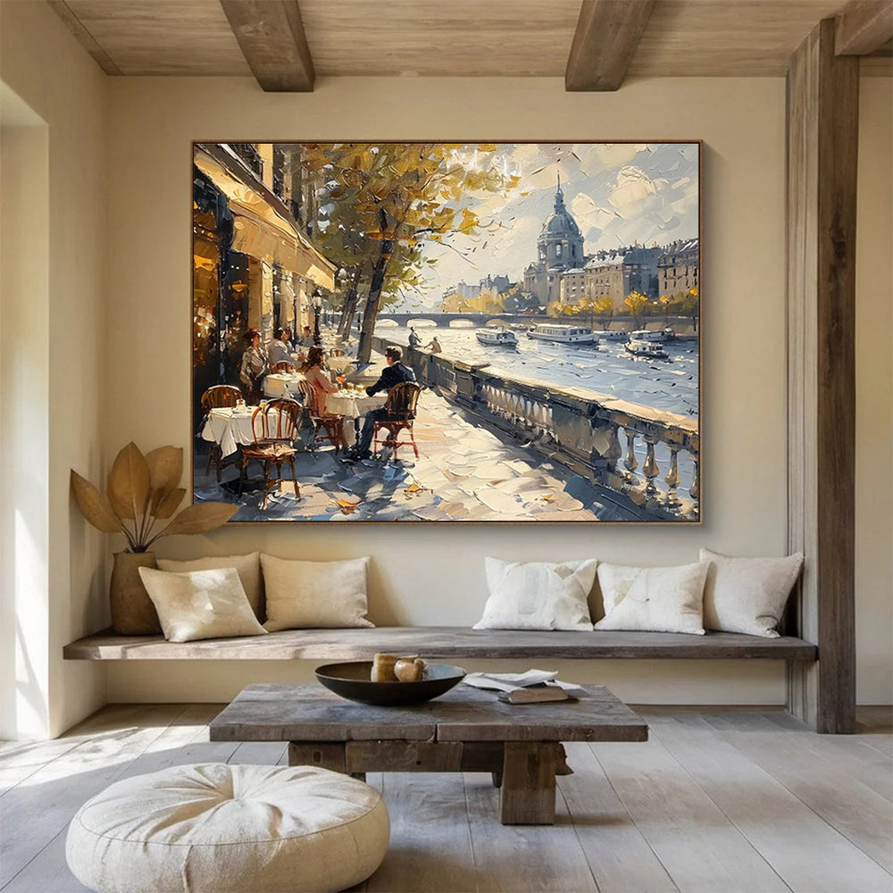 Parisian Riverside CafScene Painting On Canvas DKH666
