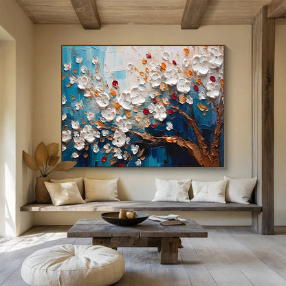 Textured White Flower Tree - White, Orange, Red & Blue Floral Painting On Canvas DKH888