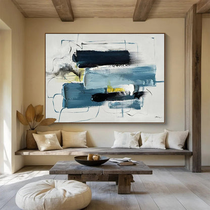Layered Blue and Yellow Abstract Painting On Canvas DKH318