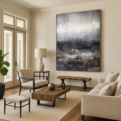 “Gray, Brown, White Abstract Seascape ‘Stormy Serenity’” - Impasto Seascape Painting On Canvas DTP368