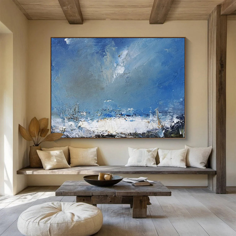 “Blue, White, Textured Seaside ‘Rough Coastal Sky’” - Impasto Seascape Painting On Canvas DLZ031