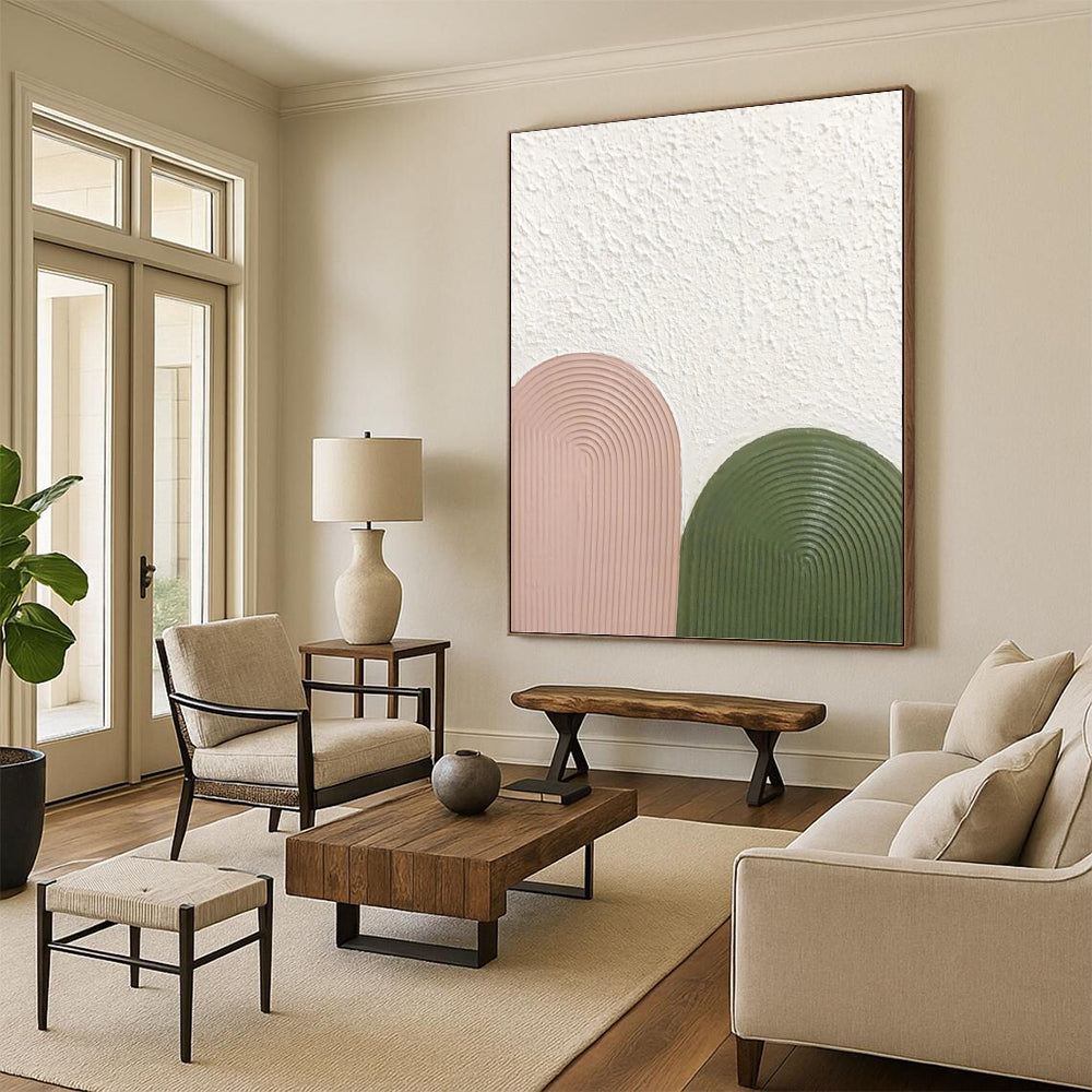 “Blush & Green Arches” - Pink, Green & White Textured Curves Painting On Canvas DKH1175