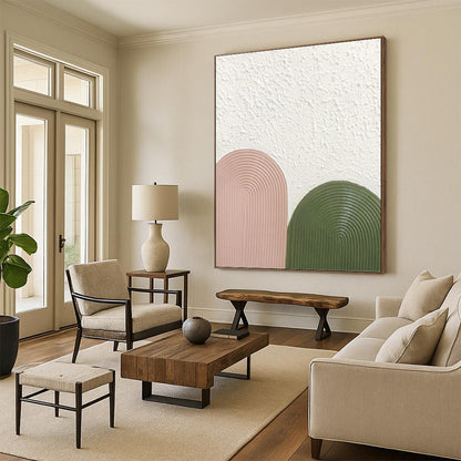 “Blush & Green Arches” - Pink, Green & White Textured Curves Painting On Canvas DKH1175