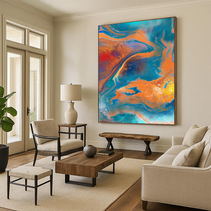 “Vibrant Fluid Abstraction” - Blue, Orange & Red Marbled - Effect Painting On Canvas DKH0940
