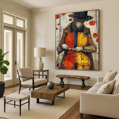 “Melodic Muse” - Colorful Cello Player with Poppies Background Painting On Canvas DKH1532
