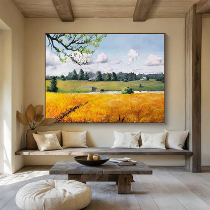 Golden Field and Cottage - Realist Landscape Painting On Canvas DLZ208