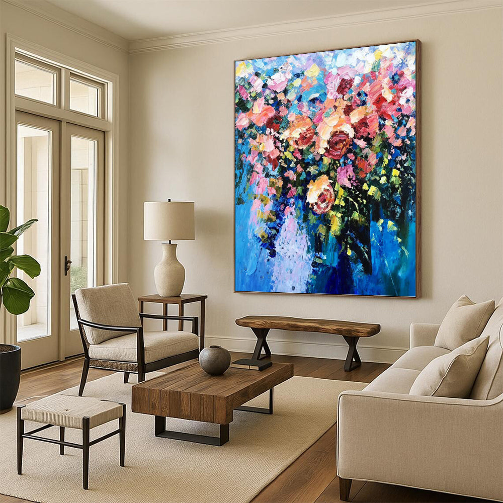 Vibrant Floral Bouquet in Blue Vase - Impasto Flower Painting On Canvas DKH1349