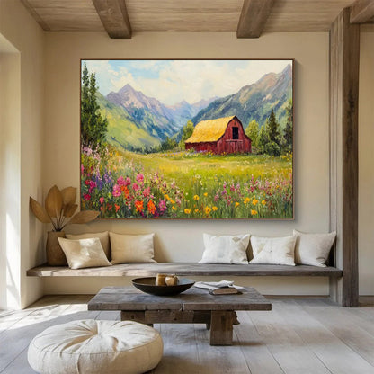 “Mountain Barn Paradise” - Green, Yellow, Pink Landscape Oil Painting On Canvas DKH727