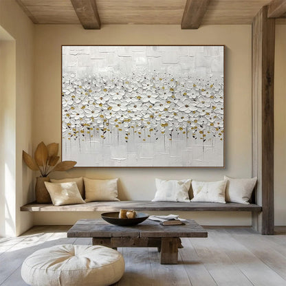 White Flowers with Gold Accents - Minimalist Impasto Painting On Canvas DLZ214