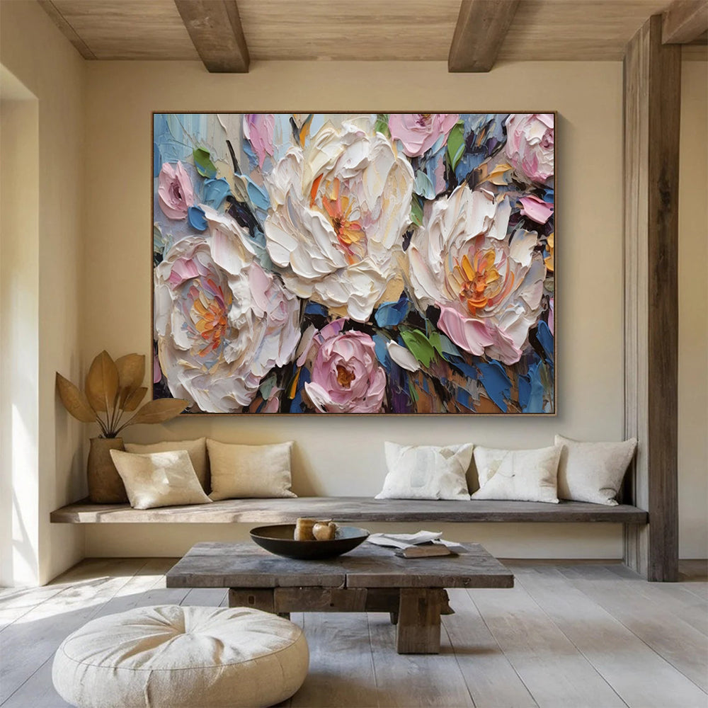 Textured Peony Blooms - Pink, White & Blue Floral Painting On Canvas DKH891