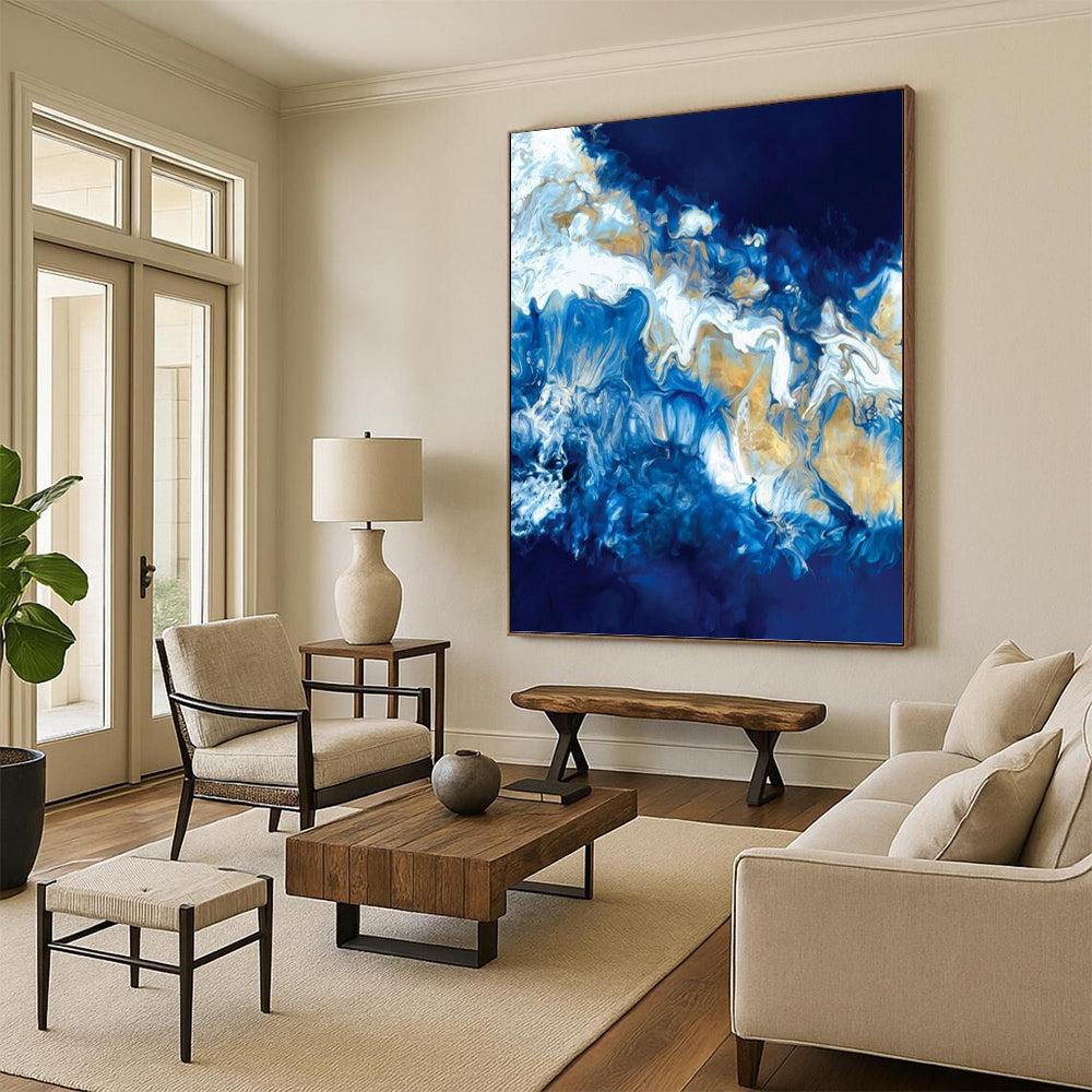 “Blue & Gold Fluid Art” - Abstract Resin - Like Painting On Canvas DKH1650