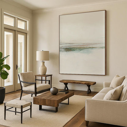 “Minimalist Coastal Stripes” - Beige, Blue, Green Abstract Landscape Painting On Canvas DTP226