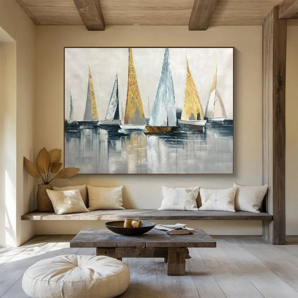“Gold and Gray Sailboat Abstract” Painting On Canvas DKH169