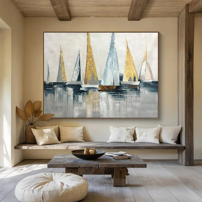 “Gold and Gray Sailboat Abstract” Painting On Canvas DKH169