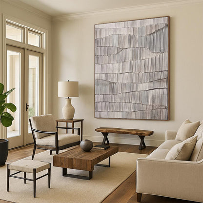 “Gray Textured Ridges” - Gray & White Minimalist Textured Painting On Canvas DKH1031