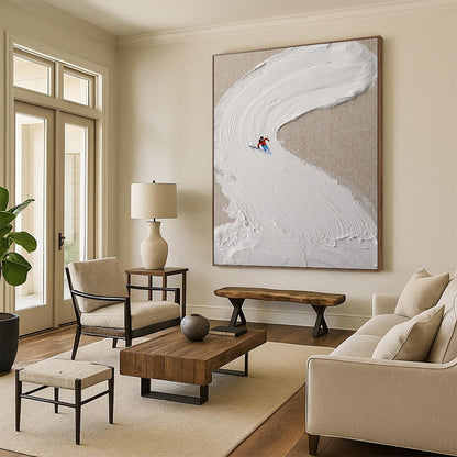 “White, Red, Blue Skiing Scene ‘Snowy Trail’” - Impasto Ski Landscape Painting On Canvas DTP311