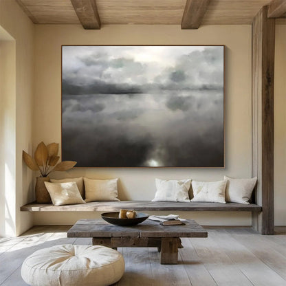 “Misty Gray Lake Reflection” Monochromatic Watercolor - style Painting On Canvas DLZ124