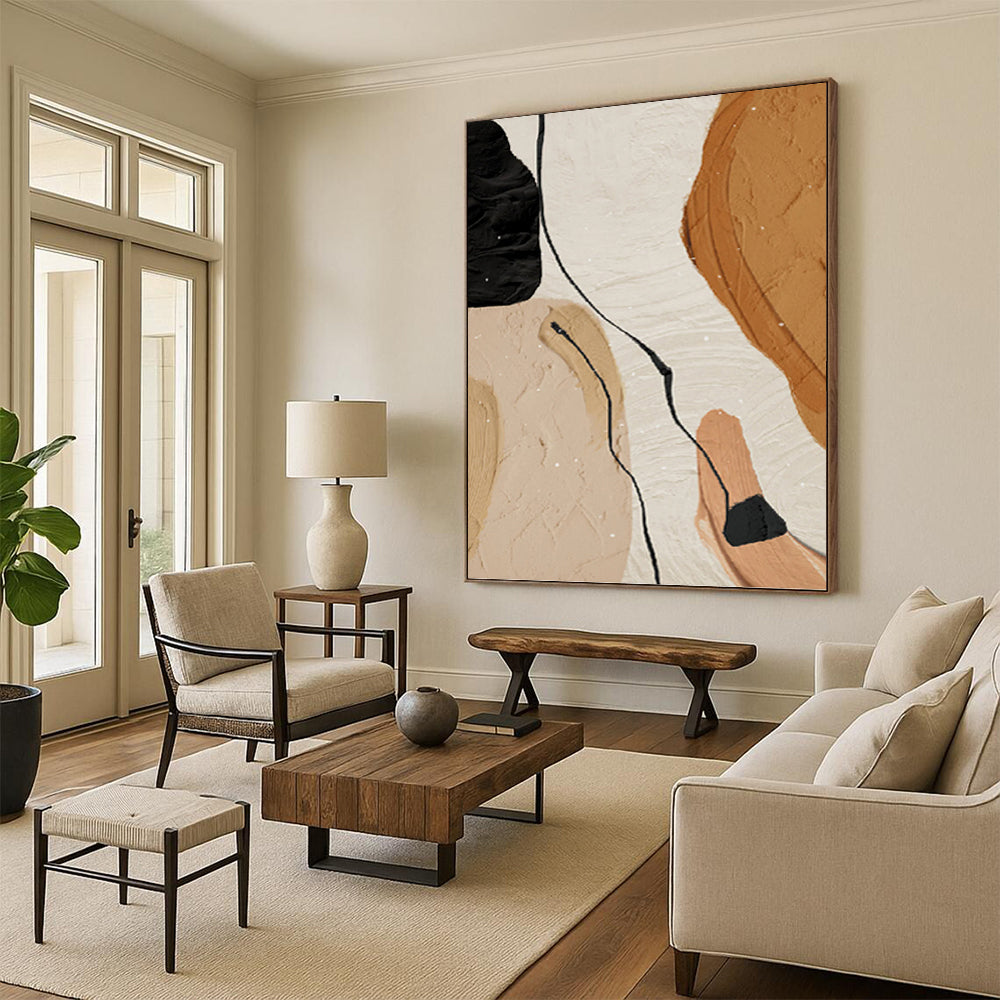 “Organic Flow” - Beige, Brown & Black Abstract Forms Painting On Canvas DKH1513