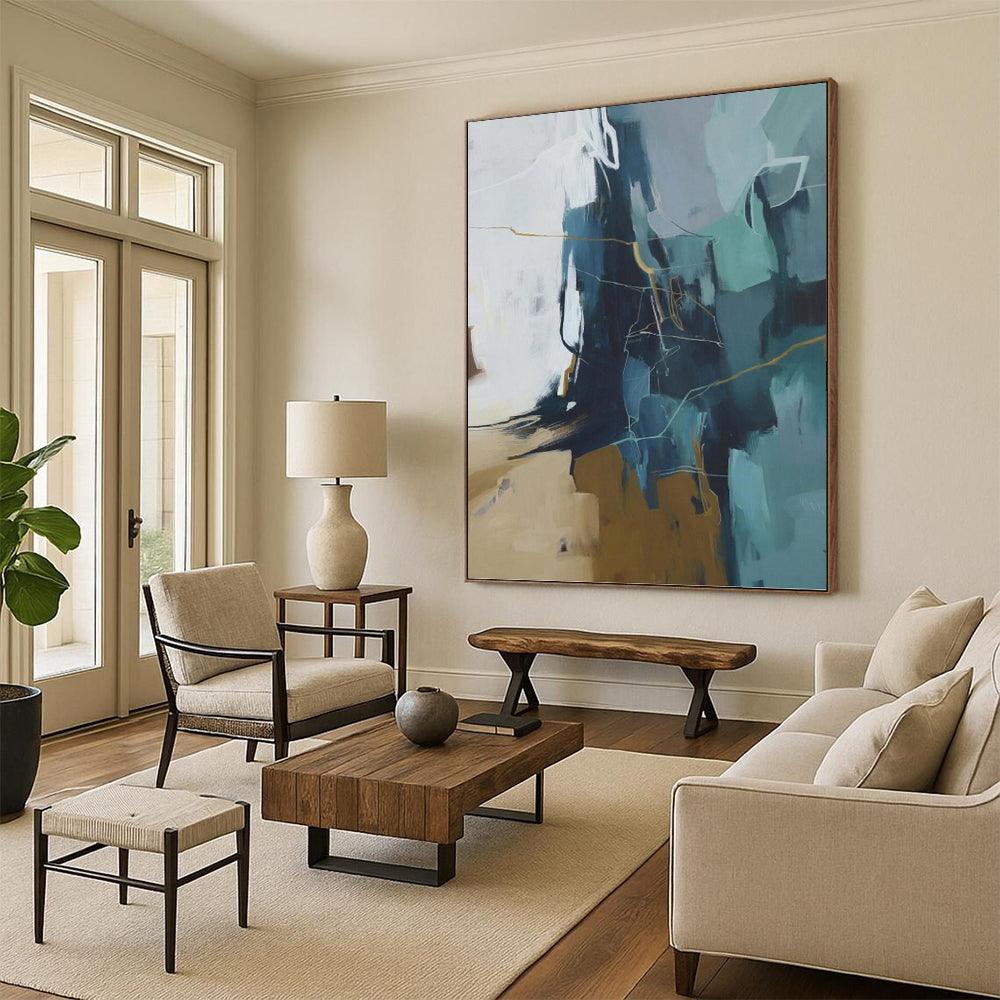 “Blue, Gray & Gold Abstract Geometry” - Blue, Gray, Gold & White Modernist Painting On Canvas DKH1016