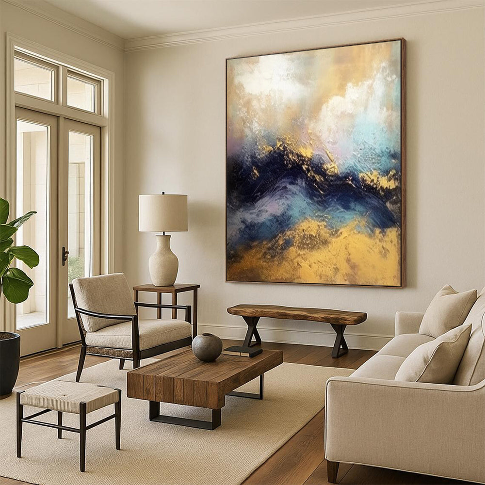“Gold and Blue Abstract Waves” - Contemporary Landscape Art CT1941