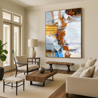 “Geometric Collage in Warm Tones” - Brown, White & Blue Cubist - Style Painting On Canvas DKH0937