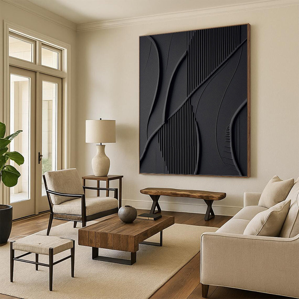 Black, Textured Abstract Forms - Abstract Painting On Canvas DKH1465