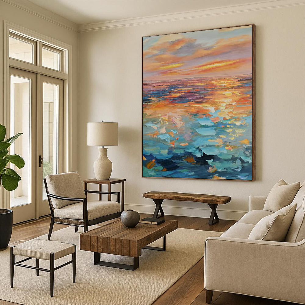 “Colorful Sea Sunset” - Orange, Pink & Blue Seaside Landscape Painting On Canvas CT2204