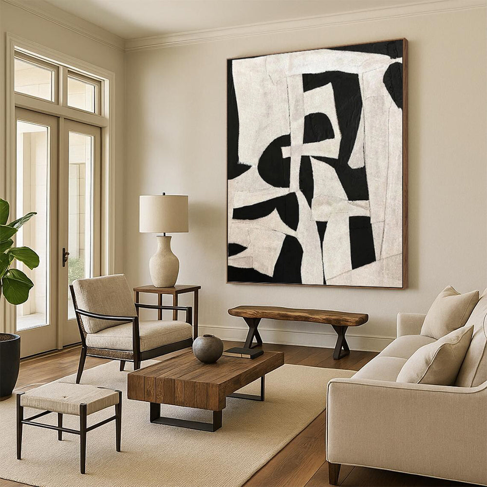 Black and White Patchwork - Abstract Shapes Painting On Canvas DKH1137