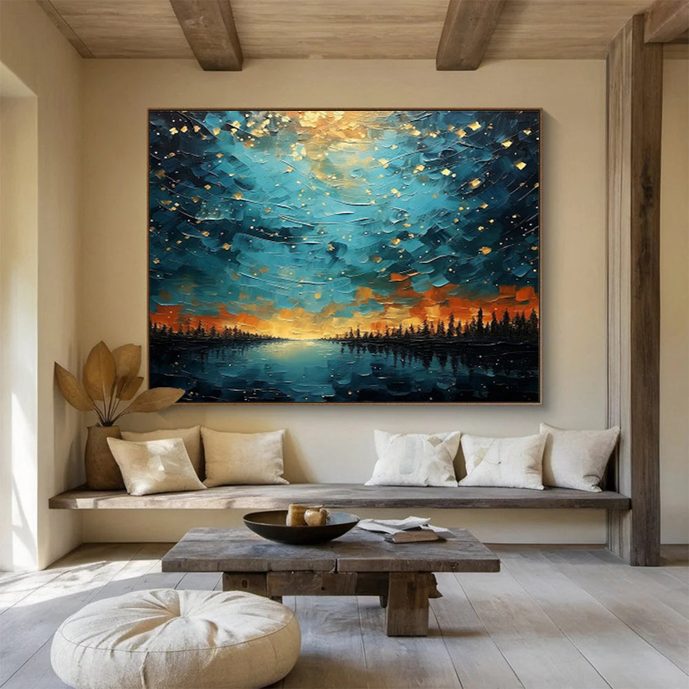 “Starry Lake Vista” - Blue, Gold, Orange Landscape Fantasy Painting On Canvas DKH706