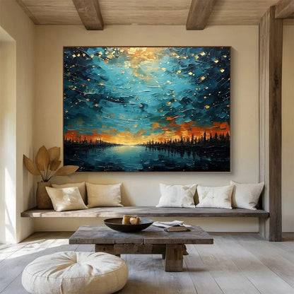 “Starry Lake Vista” - Blue, Gold, Orange Landscape Fantasy Painting On Canvas DKH706