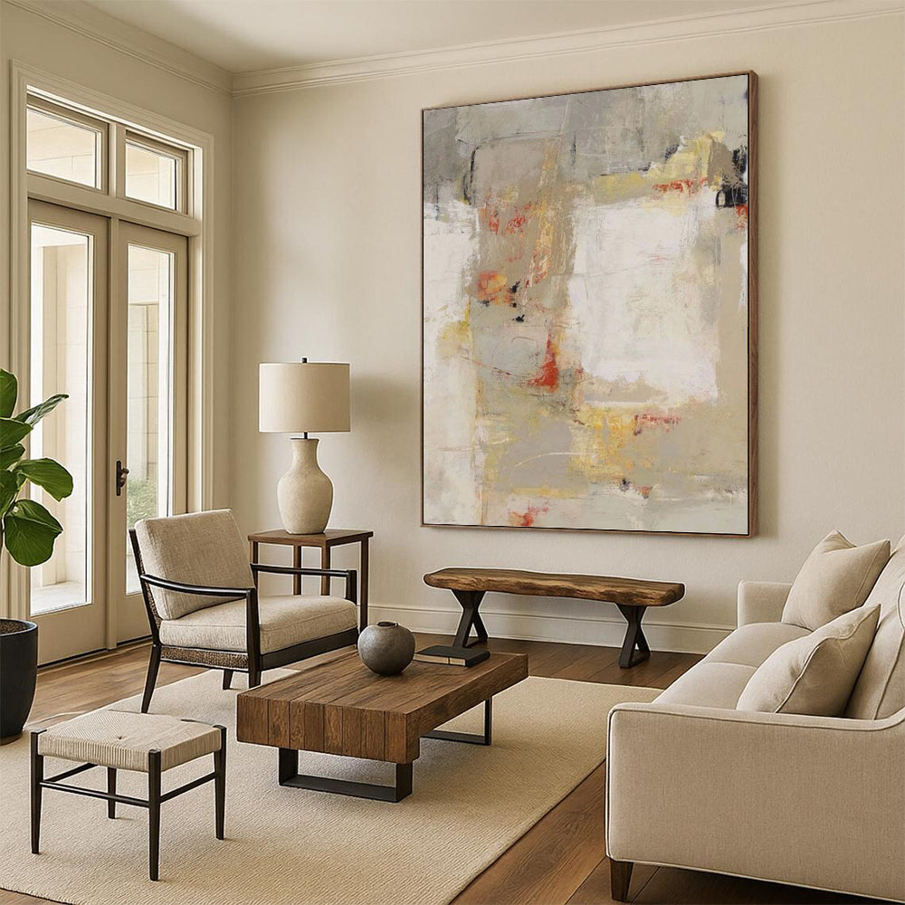 Neutral Tones with Red and Yellow Abstract - Abstract Painting On Canvas DKH1435
