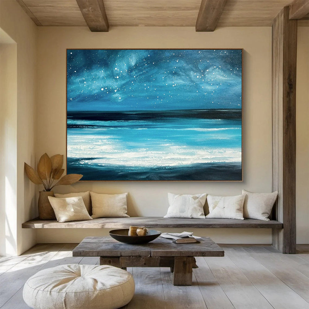 Vibrant Blue Galaxy and Ocean “Celestial Coastal Dream” Painting On Canvas DKH104